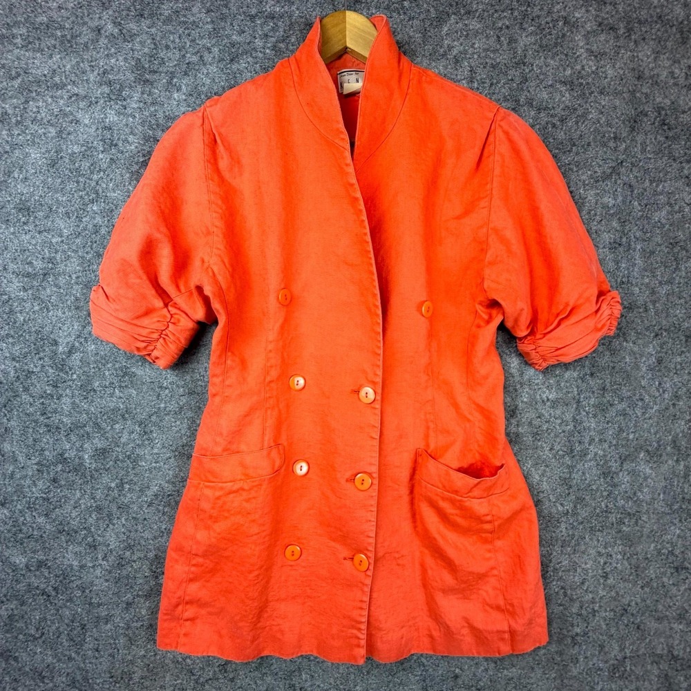 Vintage Ann Tjian For Kenar Long Blazer Women 8 Orange 90s Linen Double Breasted